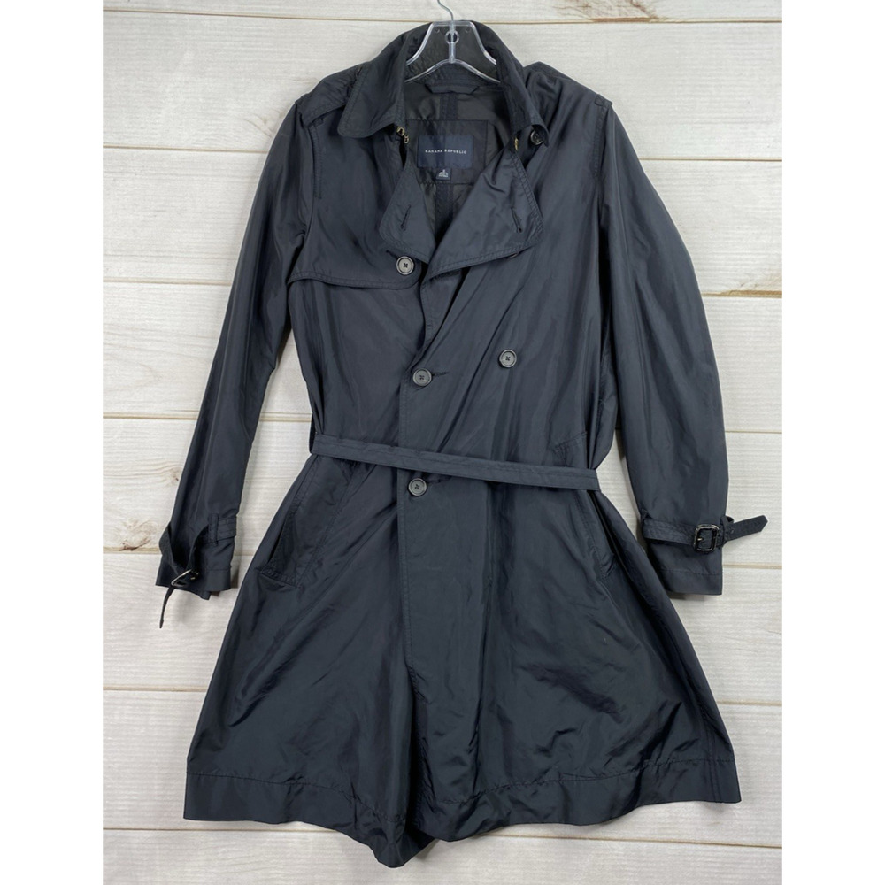 Banana Republic Rain Coat Womens S Black Polyurethane Coated Trench Belted 90s